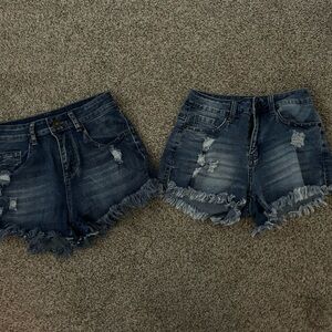 Dark and Medium Blue Distressed Denim Cutoff Shorts